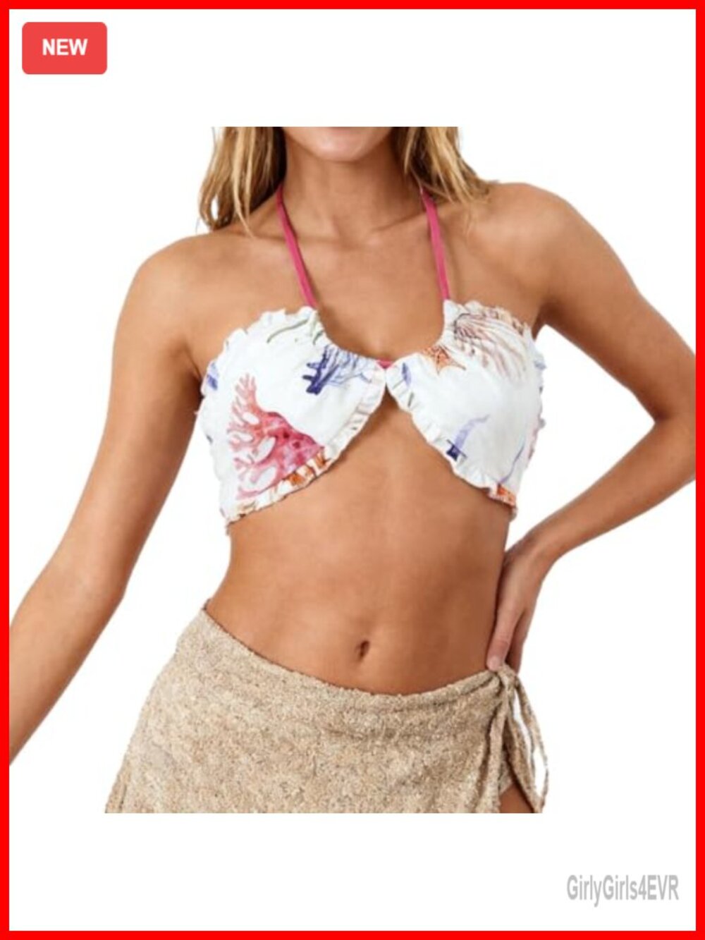 100% Linen Graphic Halter Bikini Top Beach Bra Swimwear